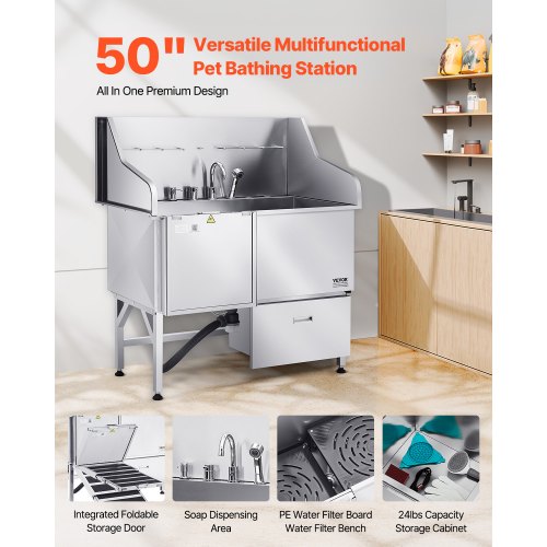 127 cm badkar för hundtrimning i rostfritt stål med ramp, kran, vänster dörr |  EU