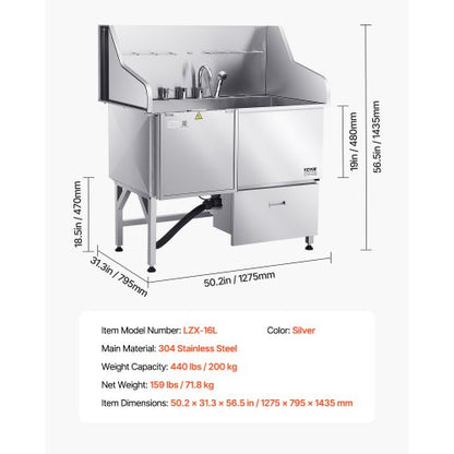 127 cm badkar för hundtrimning i rostfritt stål med ramp, kran, vänster dörr |  EU