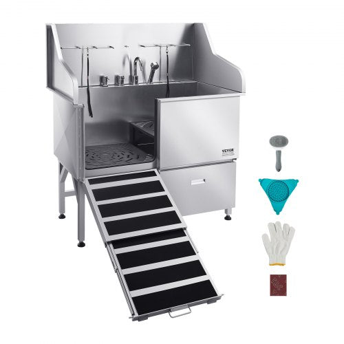 127 cm stainless steel dog grooming tub with ramp, faucet, left door | EU