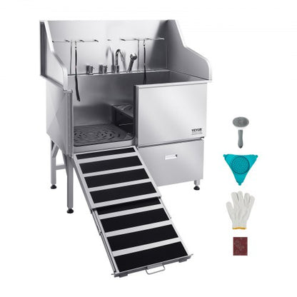 Stainless Steel Dog Washing Station, 50 inch Pet Grooming Tub w/ Ramp, Faucet & Showerhead & Soap Holder Leash Dog Bathtub for Large & Medium & Small Pets (Left Door)