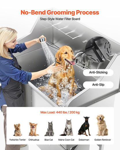 Stainless Steel Dog Washing Station, 50 inch Pet Grooming Tub w/ Ramp, Faucet & Showerhead & Soap Holder Leash Dog Bathtub for Large & Medium & Small Pets (Left Door)