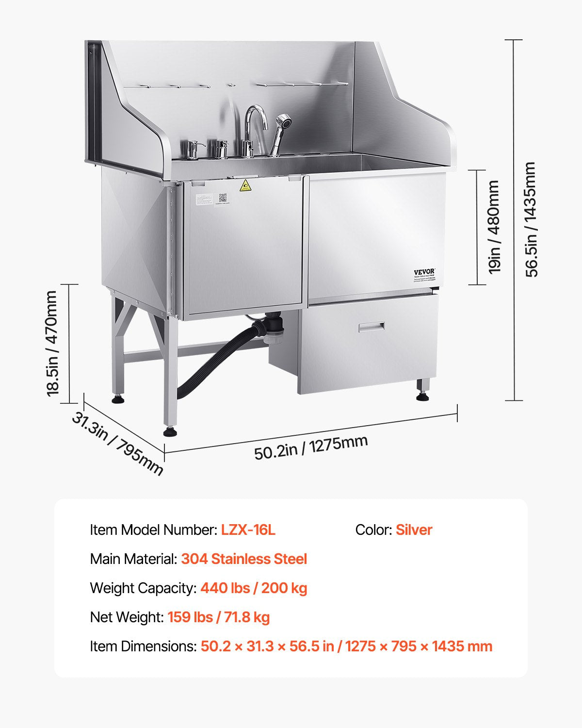 Stainless Steel Dog Washing Station, 50 inch Pet Grooming Tub w/ Ramp, Faucet & Showerhead & Soap Holder Leash Dog Bathtub for Large & Medium & Small Pets (Left Door)