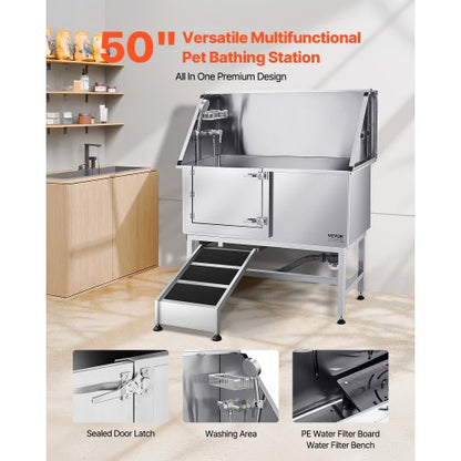 127 cm stainless steel dog grooming tub with ramp, water filter, left | EU