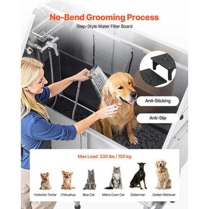 127 cm stainless steel dog grooming tub with ramp, water filter, left | EU