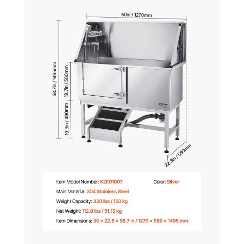 127 cm stainless steel dog grooming tub with ramp, water filter, left | EU