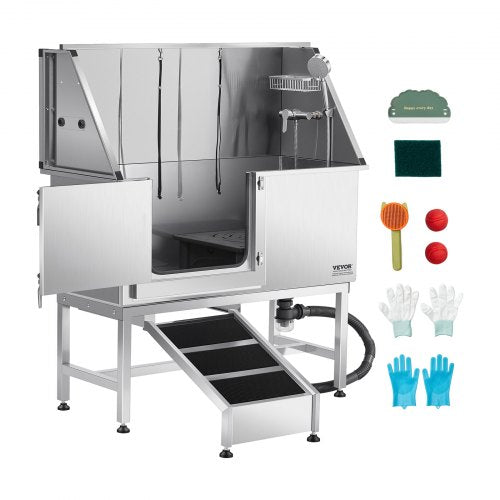 127 cm stainless steel dog grooming tub with ramp, water filter, left | EU