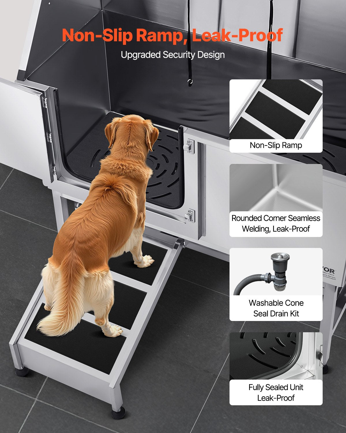 Stainless Steel Dog Washing Station, 50 inch Pet Grooming Tub w/ Ramp, PE Water Filter Board, Faucet & Showerhead & Soap Holder Dog Bathtub for Large & Medium & Small Pets (Left Door)