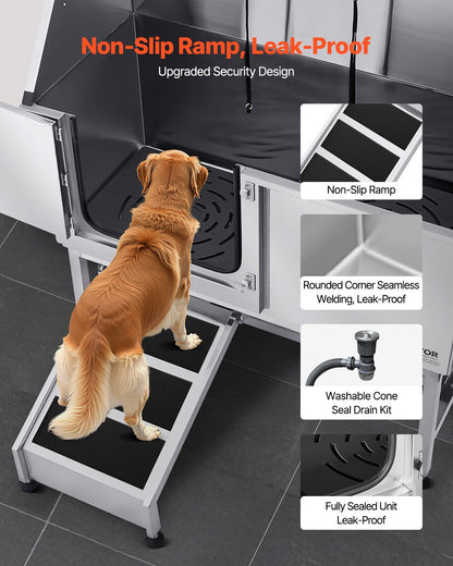 Stainless Steel Dog Washing Station, 50 inch Pet Grooming Tub w/ Ramp, PE Water Filter Board, Faucet & Showerhead & Soap Holder Dog Bathtub for Large & Medium & Small Pets (Left Door)