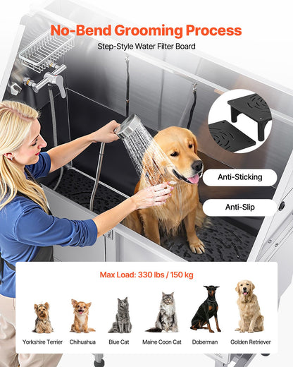 Stainless Steel Dog Washing Station, 50 inch Pet Grooming Tub w/ Ramp, PE Water Filter Board, Faucet & Showerhead & Soap Holder Dog Bathtub for Large & Medium & Small Pets (Left Door)