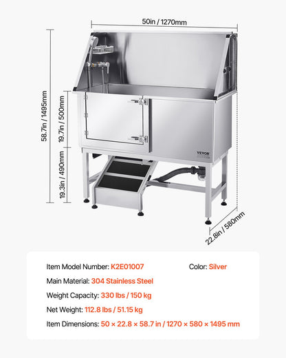 Stainless Steel Dog Washing Station, 50 inch Pet Grooming Tub w/ Ramp, PE Water Filter Board, Faucet & Showerhead & Soap Holder Dog Bathtub for Large & Medium & Small Pets (Left Door)