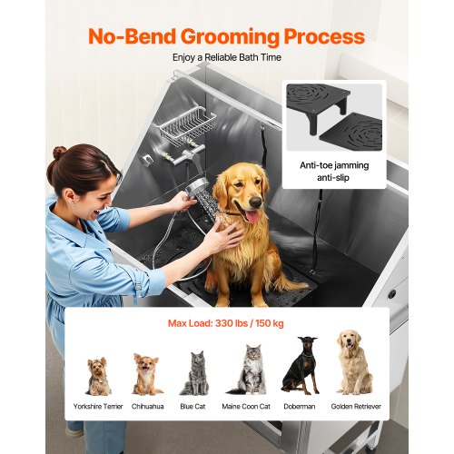 127 cm stainless steel dog grooming tub with steps, water filter | EU
