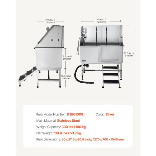 127 cm stainless steel dog grooming tub with steps, water filter | EU