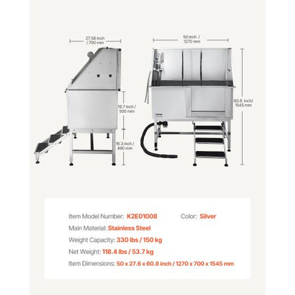 127 cm stainless steel dog grooming tub with steps, water filter | EU