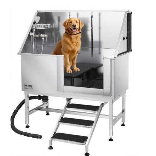 127 cm stainless steel dog grooming tub with steps, water filter | EU