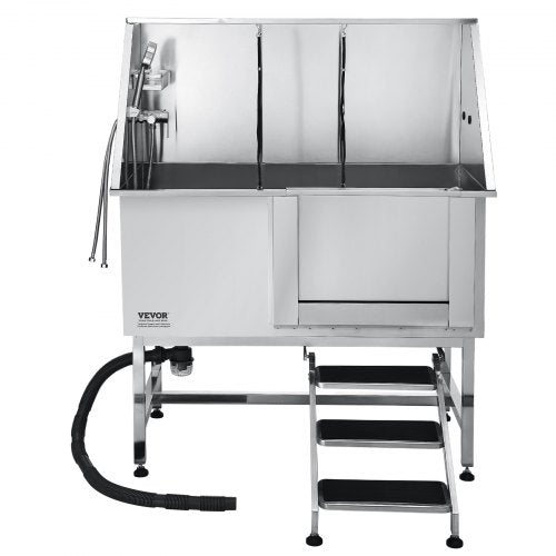 127 cm stainless steel dog grooming tub with steps, water filter | EU