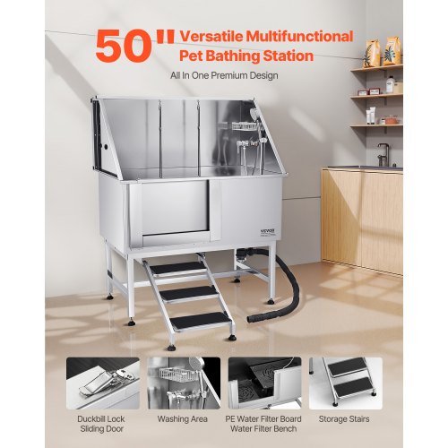 127 cm stainless steel dog grooming tub with steps, water filter, left | EU