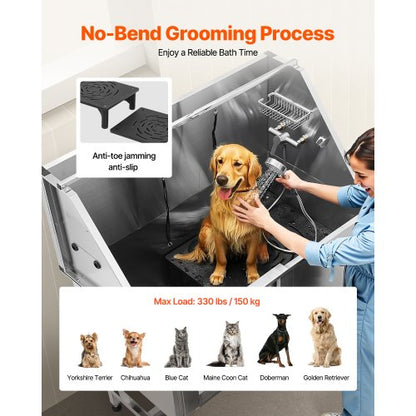 127 cm stainless steel dog grooming tub with steps, water filter, left | EU