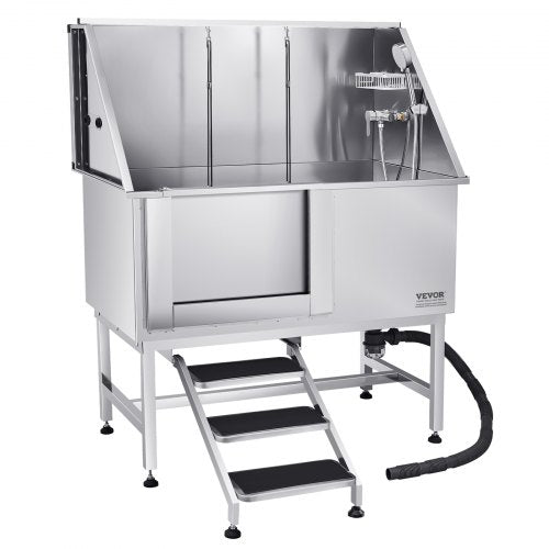 127 cm stainless steel dog grooming tub with steps, water filter, left | EU
