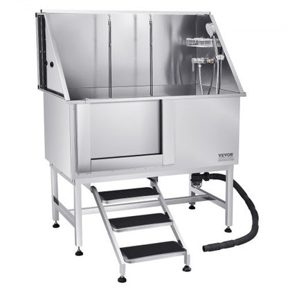127 cm stainless steel dog grooming tub with steps, water filter, left | EU