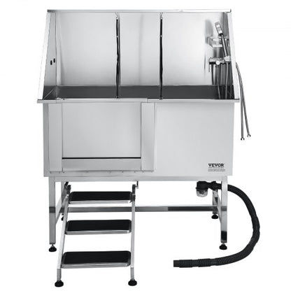 127 cm stainless steel dog grooming tub with steps, water filter, left | EU