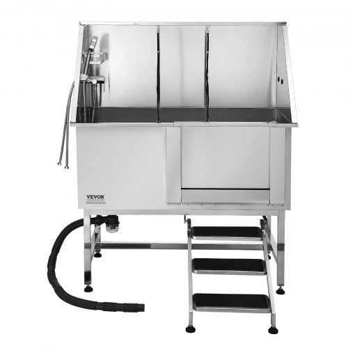 127 cm stainless steel dog grooming tub with steps, water filter, left | EU