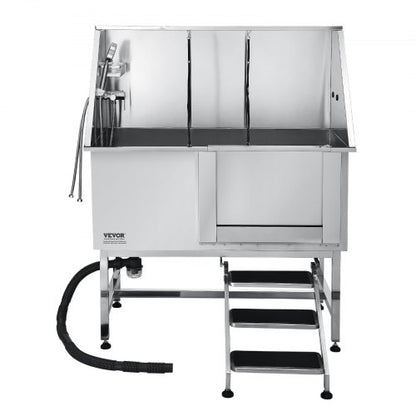 127 cm stainless steel dog grooming tub with steps, water filter, left | EU