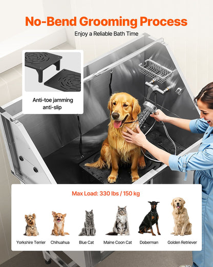 Stainless Steel Dog Washing Station, 50 inch Pet Grooming Tub w/ Stairs, PE Water Filter Board, Faucet & Showerhead & Soap Holder Dog Bathtub for Large & Medium & Small Pets (Left Door)