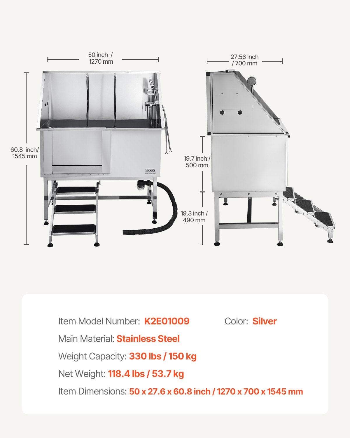 Stainless Steel Dog Washing Station, 50 inch Pet Grooming Tub w/ Stairs, PE Water Filter Board, Faucet & Showerhead & Soap Holder Dog Bathtub for Large & Medium & Small Pets (Left Door)