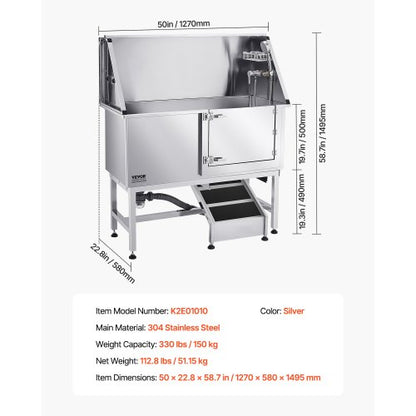 127 cm stainless steel dog grooming tub with ramp water filter | EU