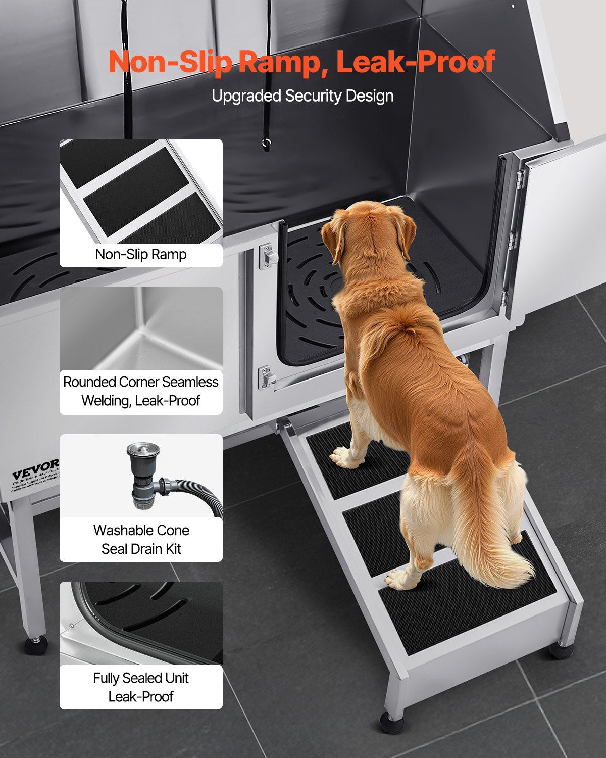 Stainless Steel Dog Washing Station, 50 inch Pet Grooming Tub w/ Ramp, PE Water Filter Board, Faucet & Showerhead & Soap Holder Dog Bathtub for Large & Medium & Small Pets (Right Door)