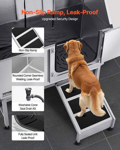 Stainless Steel Dog Washing Station, 50 inch Pet Grooming Tub w/ Ramp, PE Water Filter Board, Faucet & Showerhead & Soap Holder Dog Bathtub for Large & Medium & Small Pets (Right Door)