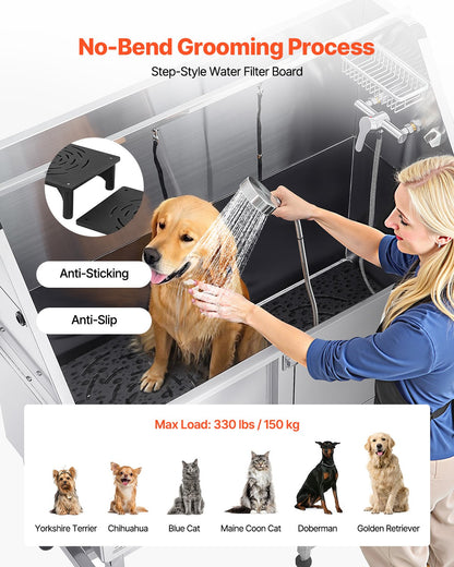 Stainless Steel Dog Washing Station, 50 inch Pet Grooming Tub w/ Ramp, PE Water Filter Board, Faucet & Showerhead & Soap Holder Dog Bathtub for Large & Medium & Small Pets (Right Door)