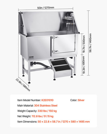 Stainless Steel Dog Washing Station, 50 inch Pet Grooming Tub w/ Ramp, PE Water Filter Board, Faucet & Showerhead & Soap Holder Dog Bathtub for Large & Medium & Small Pets (Right Door)