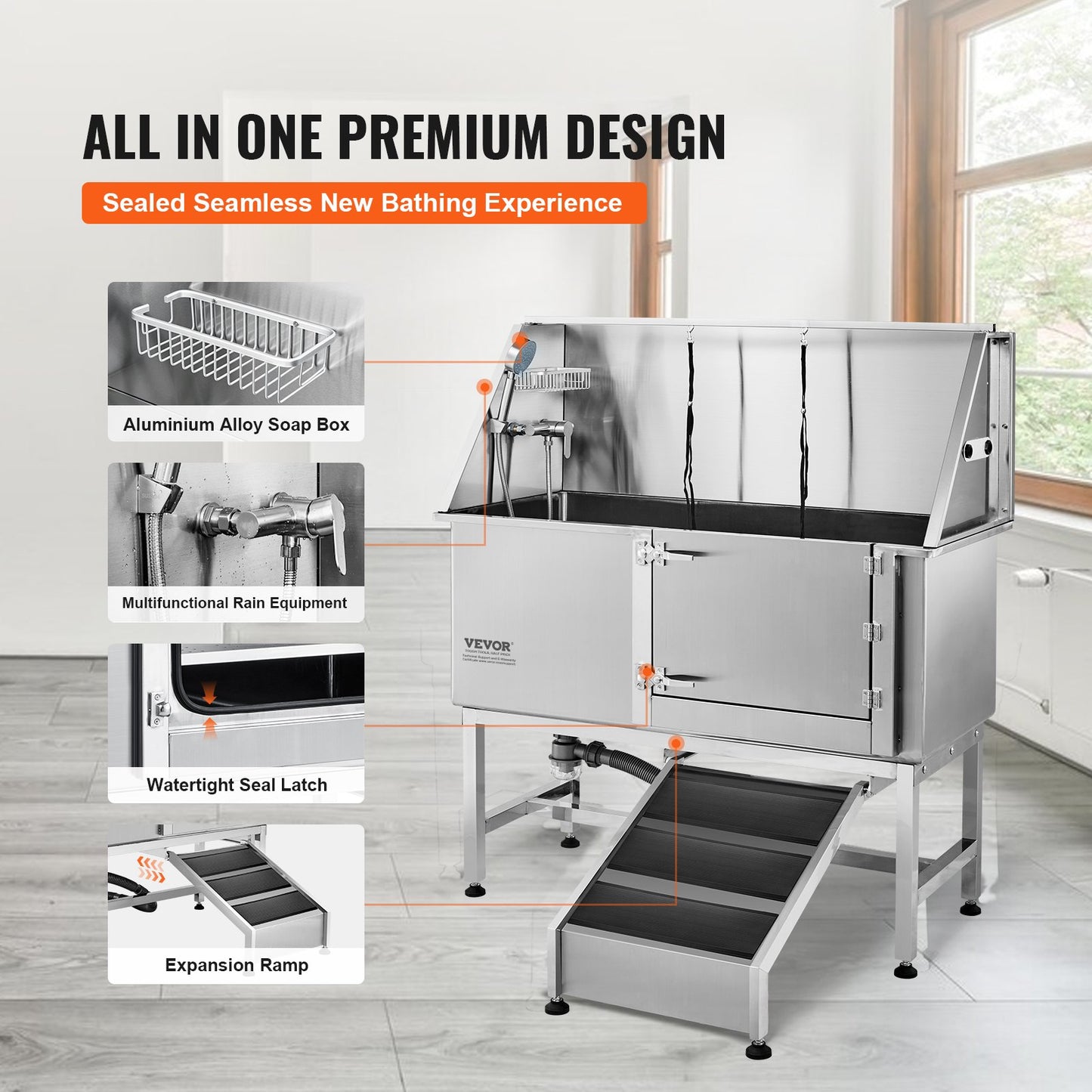 1,27 m lange Hundebadestation mit Rampe, professionelle Hundepflegewanne aus Edelstahl mit Seifenkiste, Wasserhahn, reichhaltigem Zubehör, Hundebadewanne für große, mittelgroße und kleine Haustiere, Waschbecken für zu Hause