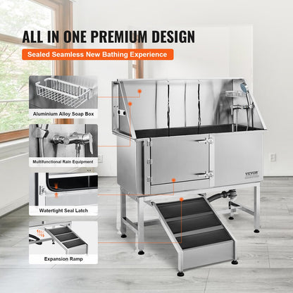 1.27M Pet Dog Bathing Station with Ramp, Professional Stainless Steel Dog Grooming Tub with Soap Box, Faucet, Rich Accessories, Dog Bathtub for Large, Medium, Small Pets, Home Wash Basin Left Hand