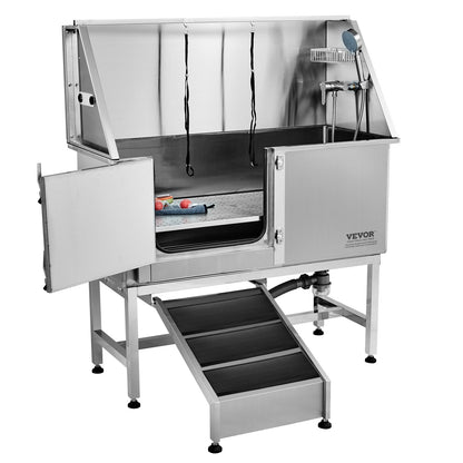 1.27M Pet Dog Bathing Station with Ramp, Professional Stainless Steel Dog Grooming Tub with Soap Box, Faucet, Rich Accessories, Dog Bathtub for Large, Medium, Small Pets, Home Wash Basin Left Hand