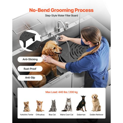 155 cm stainless steel dog grooming tub with ramp, water filter, left | EU
