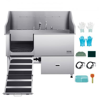 155 cm stainless steel dog grooming tub with ramp, water filter, left | EU