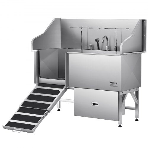 304 Stainless Steel Dog Washing Station, 61 Inch Pet Grooming Tub with Non-Slip Low-Slope Ramp, Storage Drawer, Hot & Cold Faucet, All-in-One Bath for Grooming Shop, Fits All Sizes (Left Door)