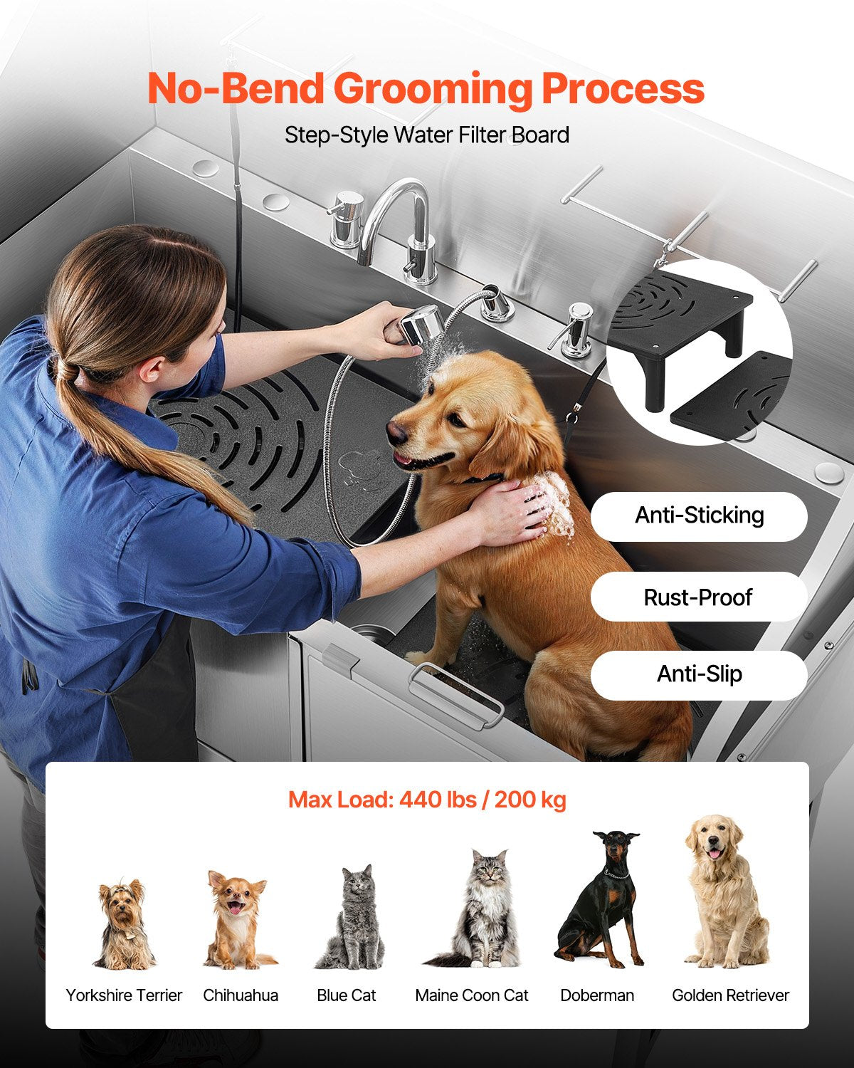 Stainless Steel Dog Washing Station, 61 inch Pet Grooming Tub w/ Ramp, Water Filter Board, Faucet & Showerhead & Leash Dog Bathtub for Large & Medium & Small Pets (Right Door)
