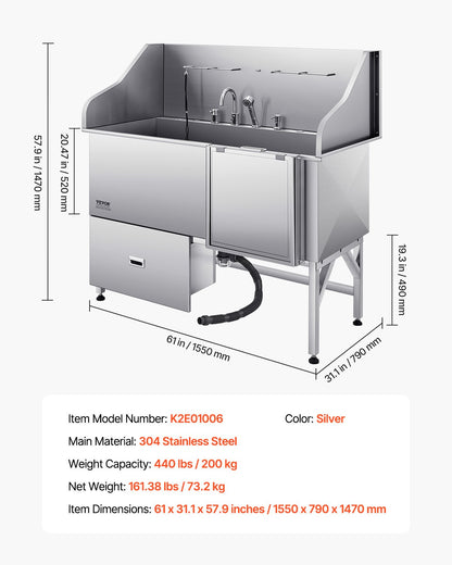 Stainless Steel Dog Washing Station, 61 inch Pet Grooming Tub w/ Ramp, Water Filter Board, Faucet & Showerhead & Leash Dog Bathtub for Large & Medium & Small Pets (Right Door)