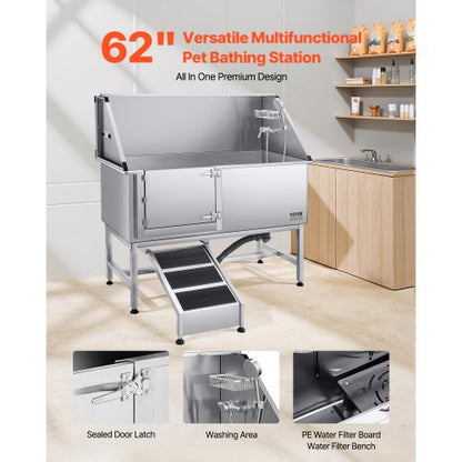 157,5 cm Edelstahl Hundepflegewanne mit Rampe, Wasserfilter, links