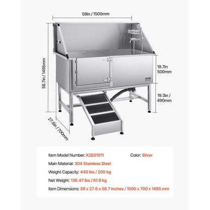 157,5 cm Edelstahl Hundepflegewanne mit Rampe, Wasserfilter, links
