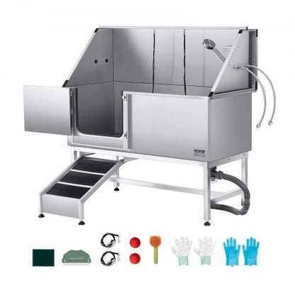 Stainless Steel Dog Washing Station, 62 inch Pet Grooming Tub w/ Ramp, PE Water Filter Board, Faucet & Showerhead & Soap Holder Dog Bathtub for Large & Medium & Small Pets (Left Door)