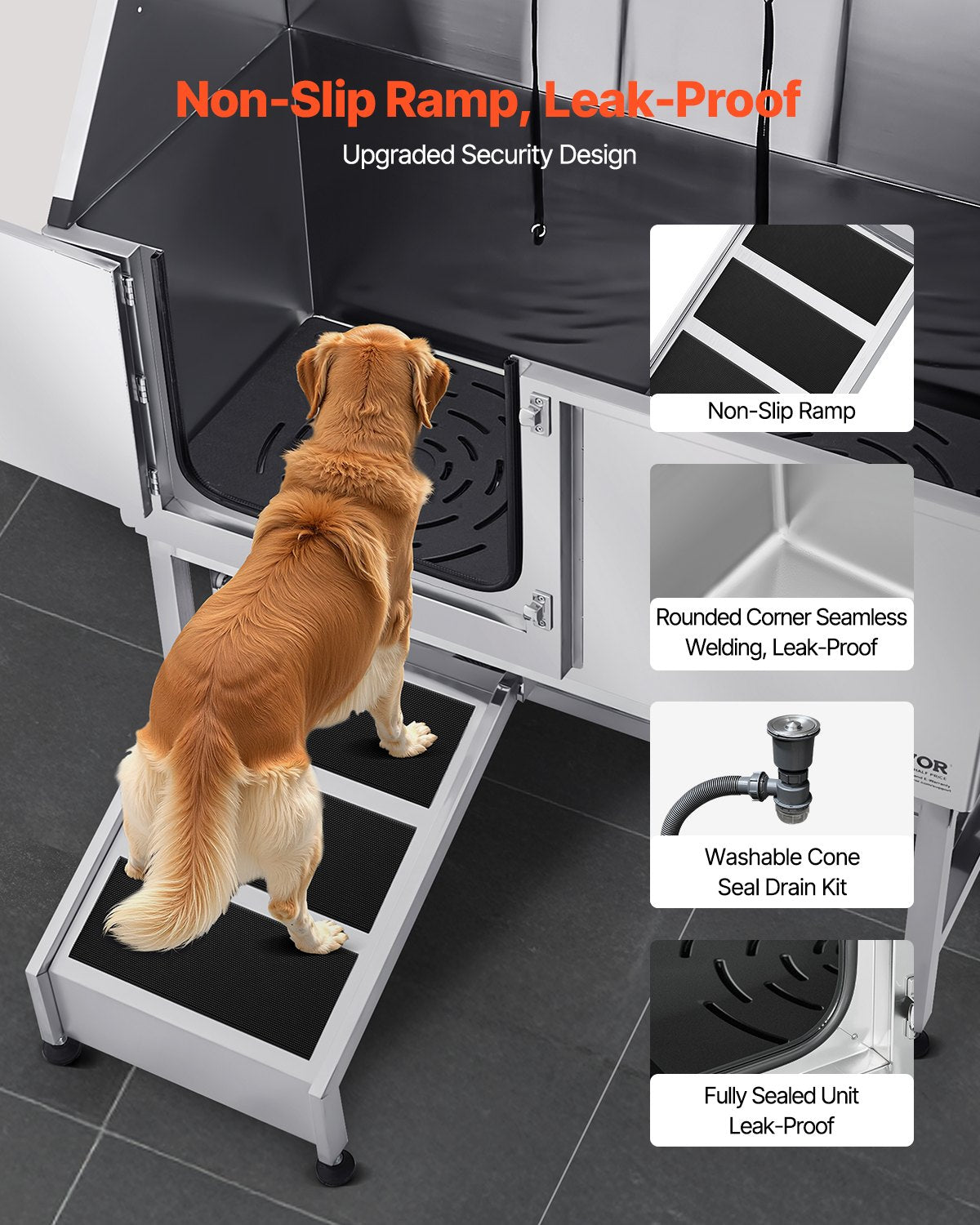 Stainless Steel Dog Washing Station, 62 inch Pet Grooming Tub w/ Ramp, PE Water Filter Board, Faucet & Showerhead & Soap Holder Dog Bathtub for Large & Medium & Small Pets (Left Door)