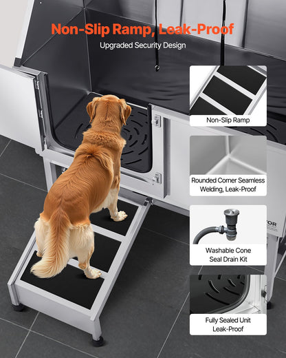 Stainless Steel Dog Washing Station, 62 inch Pet Grooming Tub w/ Ramp, PE Water Filter Board, Faucet & Showerhead & Soap Holder Dog Bathtub for Large & Medium & Small Pets (Left Door)