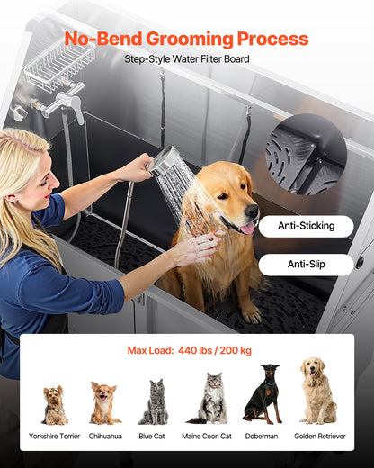 Stainless Steel Dog Washing Station, 62 inch Pet Grooming Tub w/ Ramp, PE Water Filter Board, Faucet & Showerhead & Soap Holder Dog Bathtub for Large & Medium & Small Pets (Left Door)