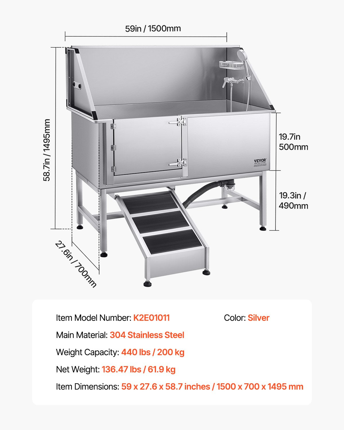 Stainless Steel Dog Washing Station, 62 inch Pet Grooming Tub w/ Ramp, PE Water Filter Board, Faucet & Showerhead & Soap Holder Dog Bathtub for Large & Medium & Small Pets (Left Door)
