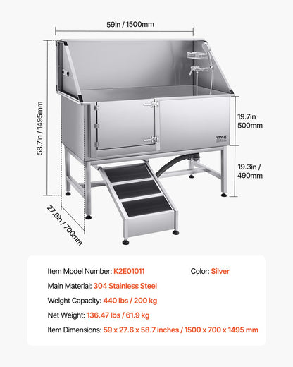 Stainless Steel Dog Washing Station, 62 inch Pet Grooming Tub w/ Ramp, PE Water Filter Board, Faucet & Showerhead & Soap Holder Dog Bathtub for Large & Medium & Small Pets (Left Door)
