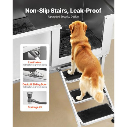 157.5 cm stainless steel dog grooming tub with steps, water filter
